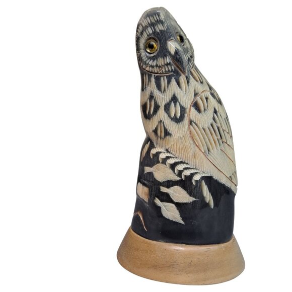 Hand Carved Wood Owl Figurine Intricate Carved Glossy Finish Folk Art Decor - Picture 1 of 10